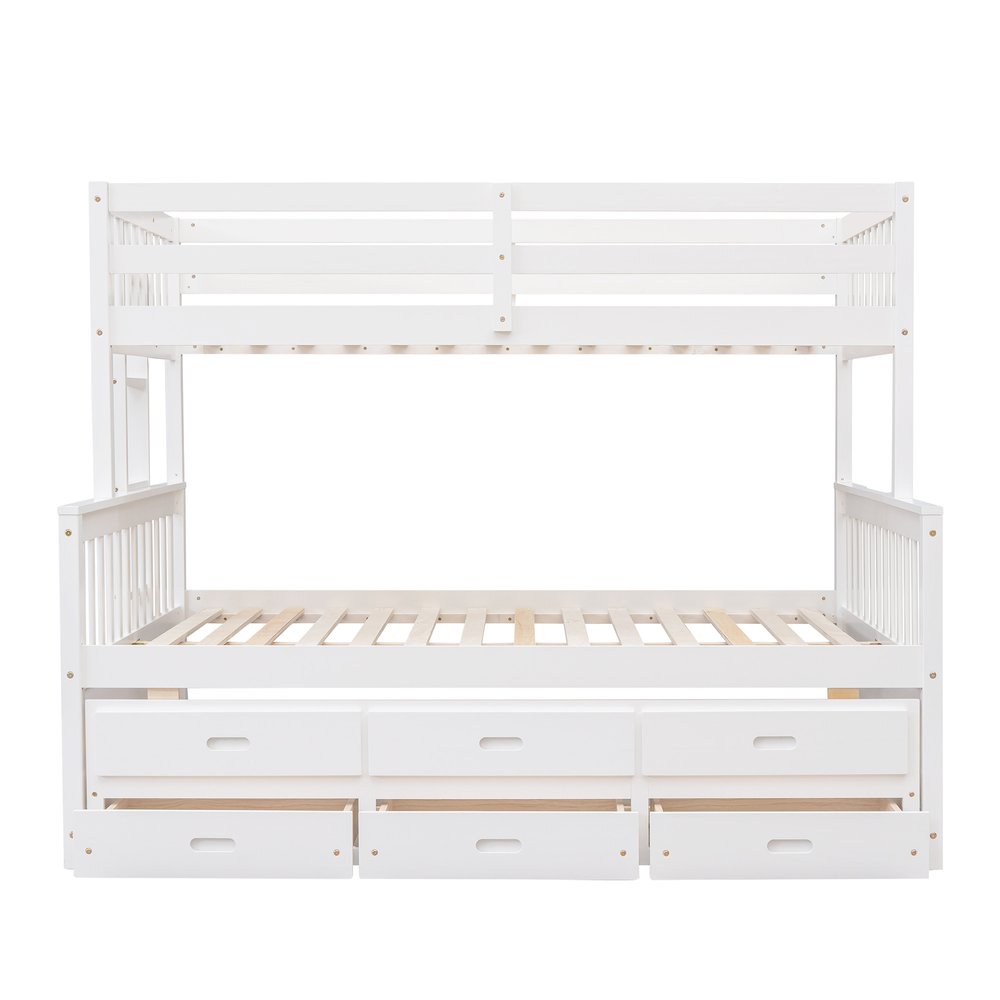 White Twin Over Full Solid Wood Bunk Bed With Drawers And Trundle And Storage