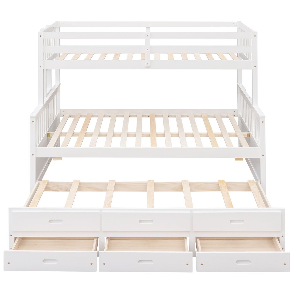 White Twin Over Full Solid Wood Bunk Bed With Drawers And Trundle And Storage