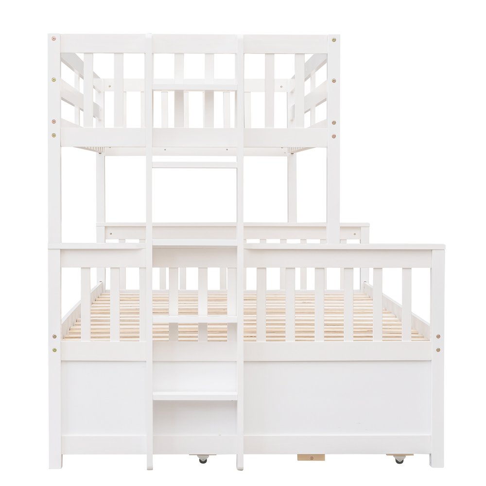 White Twin Over Full Solid Wood Bunk Bed With Drawers And Trundle And Storage