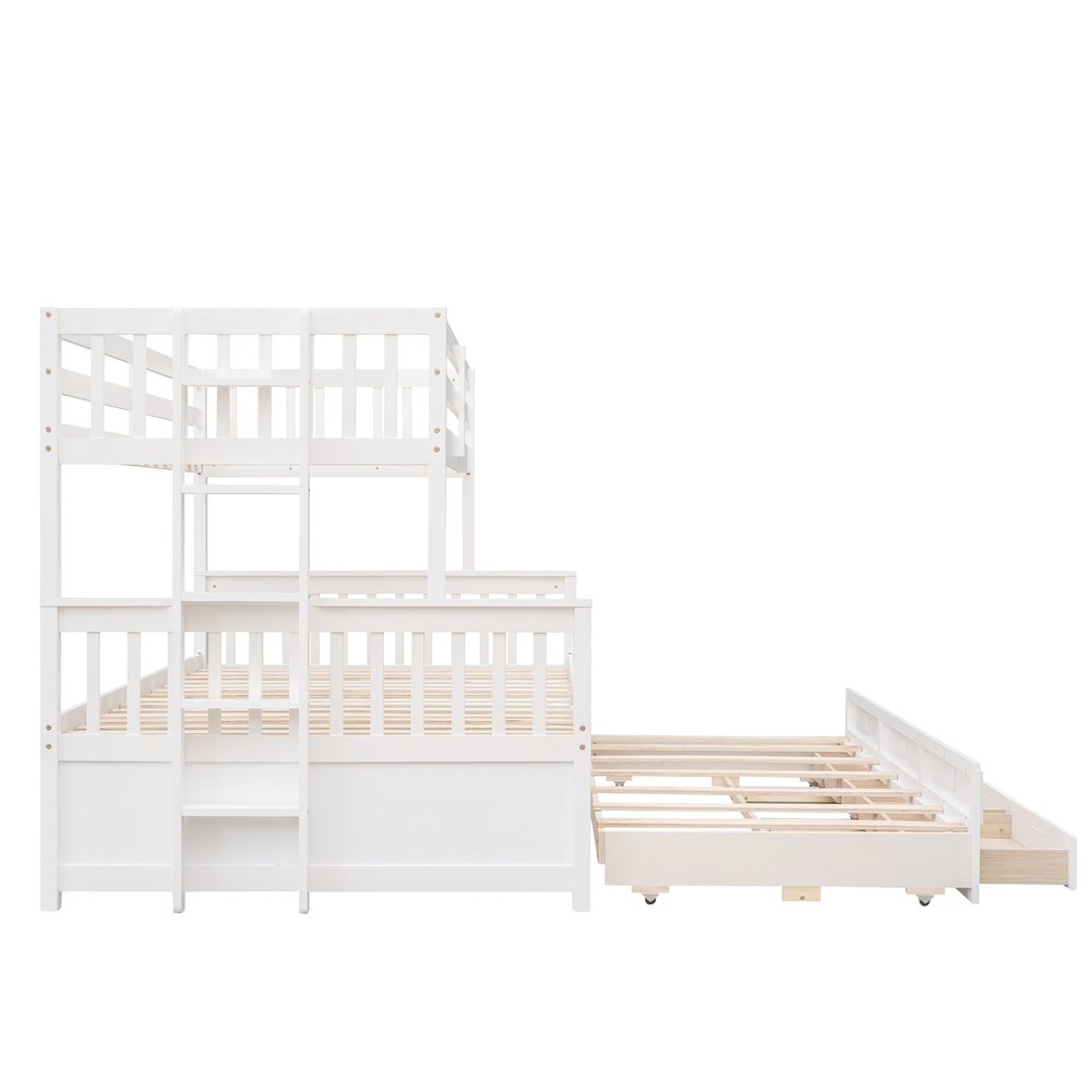 White Twin Over Full Solid Wood Bunk Bed With Drawers And Trundle And Storage