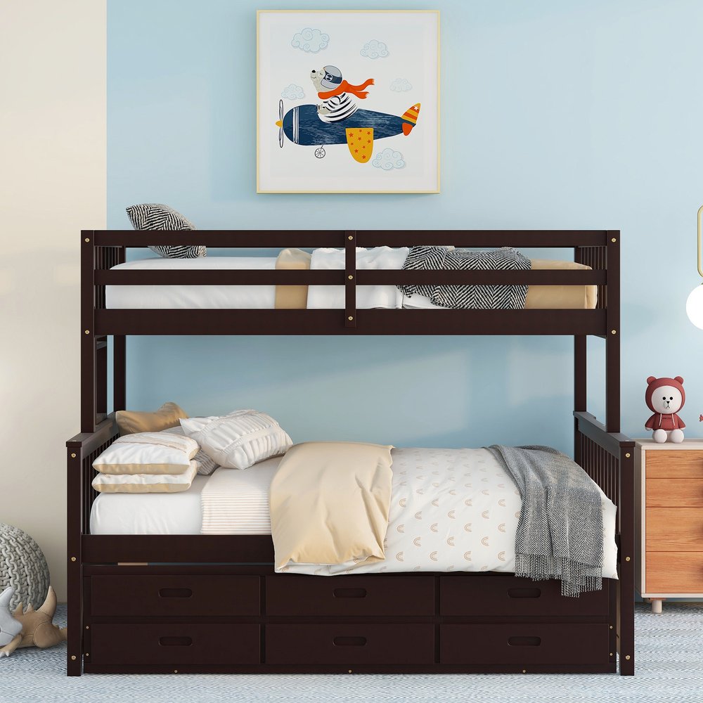 Espresso Twin Over Full Solid Wood Bunk Bed With Trundle And Storage