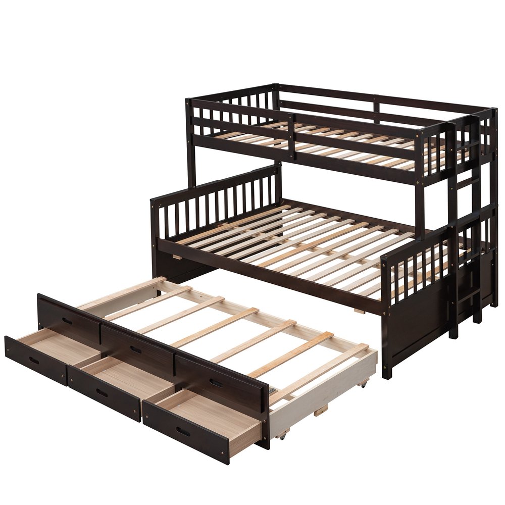 Espresso Twin Over Full Solid Wood Bunk Bed With Trundle And Storage
