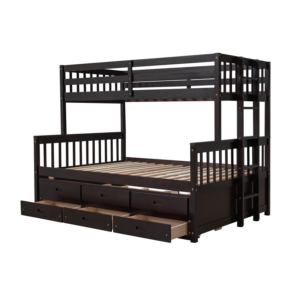 Espresso Twin Over Full Solid Wood Bunk Bed With Trundle And Storage