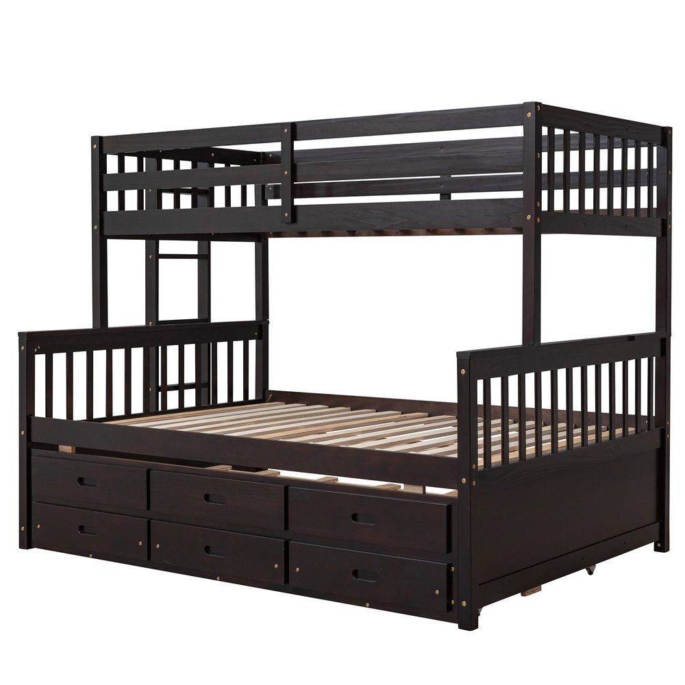 Espresso Twin Over Full Solid Wood Bunk Bed With Trundle And Storage