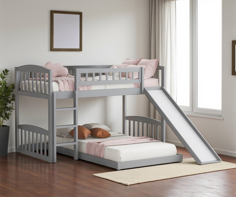 Gray Twin Over Twin Princess Solid Wood Bunk Bed With Slide