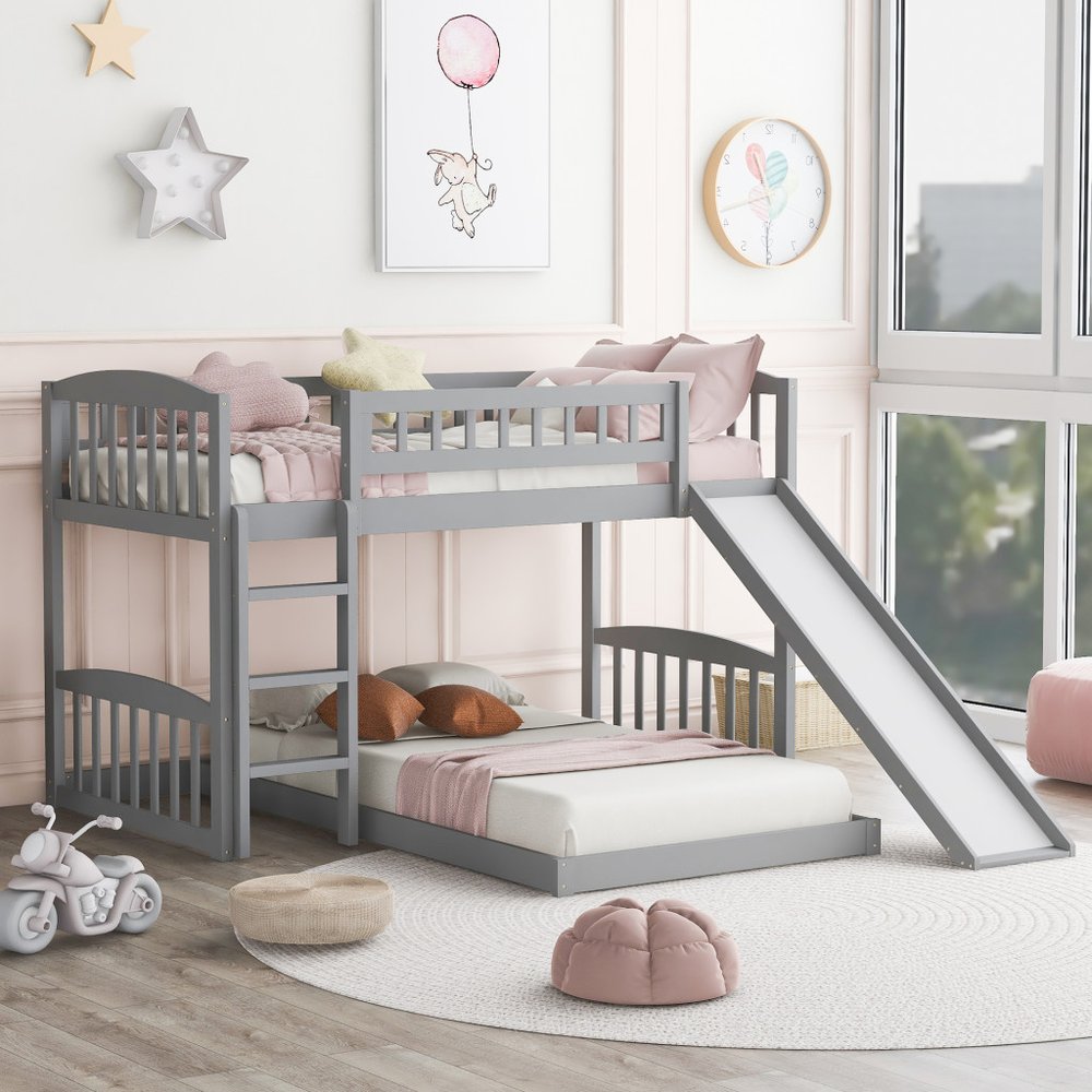 Gray Twin Over Twin Princess Solid Wood Bunk Bed With Slide