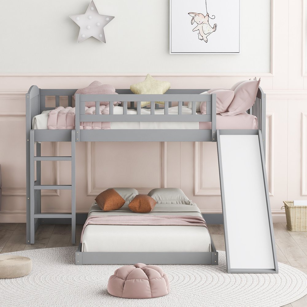 Gray Twin Over Twin Princess Solid Wood Bunk Bed With Slide
