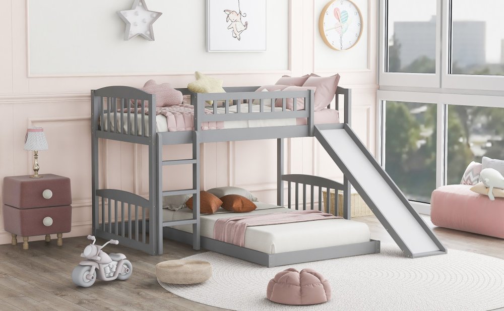 Gray Twin Over Twin Princess Solid Wood Bunk Bed With Slide
