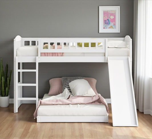 White Twin Over Twin Princess Solid Wood Bunk Bed With Slide
