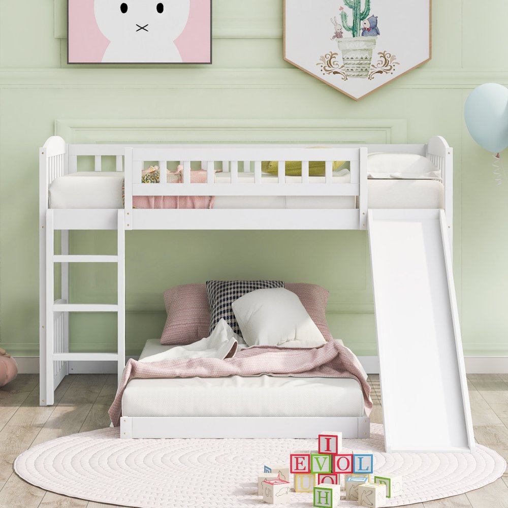 White Twin Over Twin Princess Solid Wood Bunk Bed With Slide