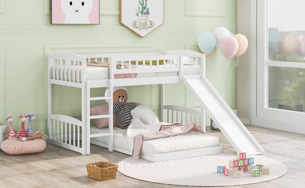 White Twin Over Twin Princess Solid Wood Bunk Bed With Slide