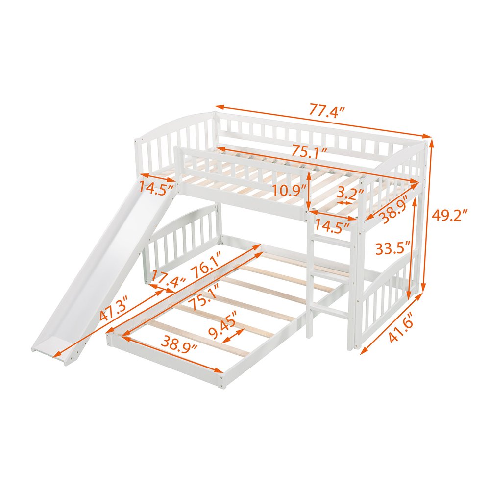 White Twin Over Twin Princess Solid Wood Bunk Bed With Slide