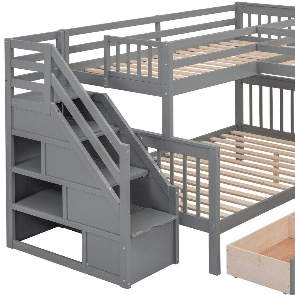 Gray Twin Over Twin Over Full Solid Wood Bunk Bed With Stairs And Desk And Drawers And Storage