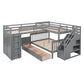 Gray Twin Over Twin Over Full Solid Wood Bunk Bed With Stairs And Desk And Drawers And Storage