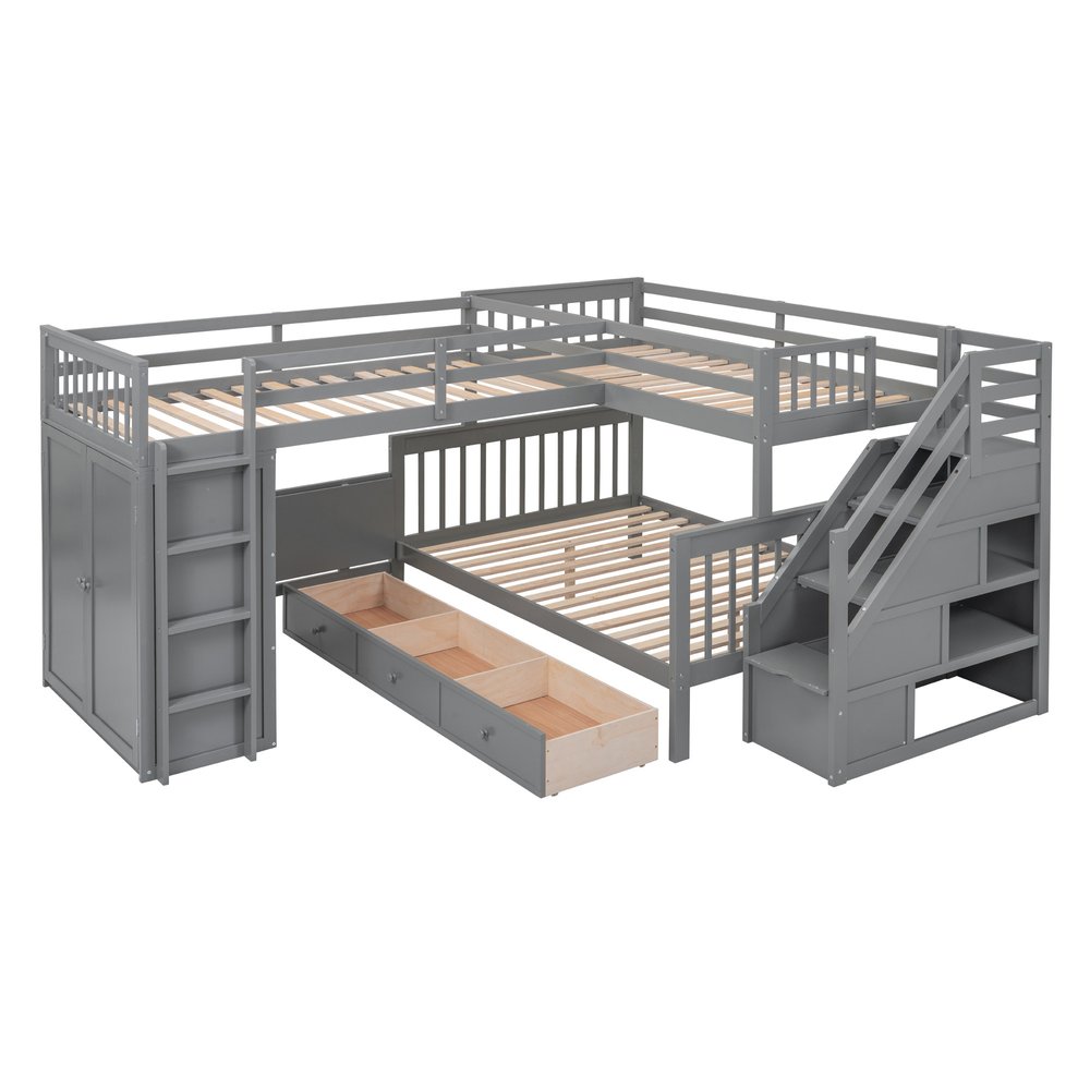 Gray Twin Over Twin Over Full Solid Wood Bunk Bed With Stairs And Desk And Drawers And Storage