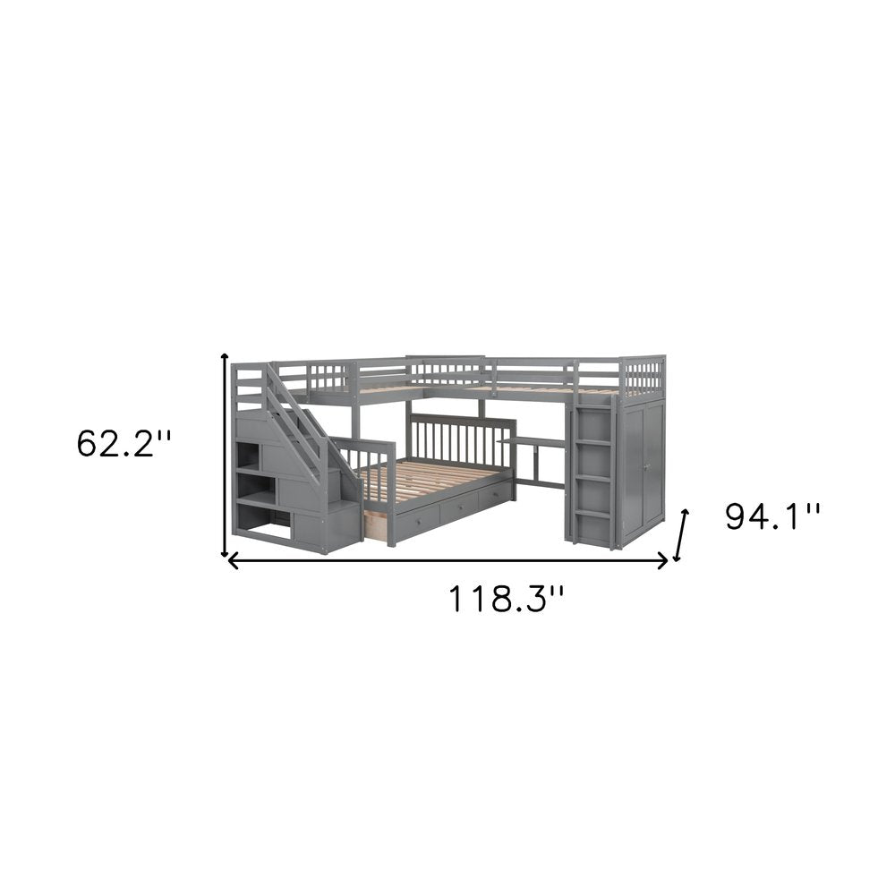 Gray Twin Over Twin Over Full Solid Wood Bunk Bed With Stairs And Desk And Drawers And Storage
