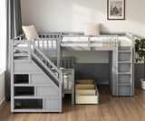 Gray Twin Over Twin Over Full Solid Wood Bunk Bed With Stairs And Desk And Drawers And Storage