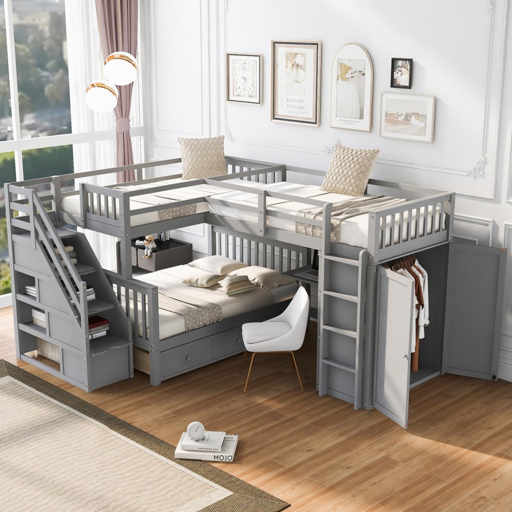 Gray Twin Over Twin Over Full Solid Wood Bunk Bed With Stairs And Desk And Drawers And Storage