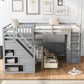Gray Twin Over Twin Over Full Solid Wood Bunk Bed With Stairs And Desk And Drawers And Storage