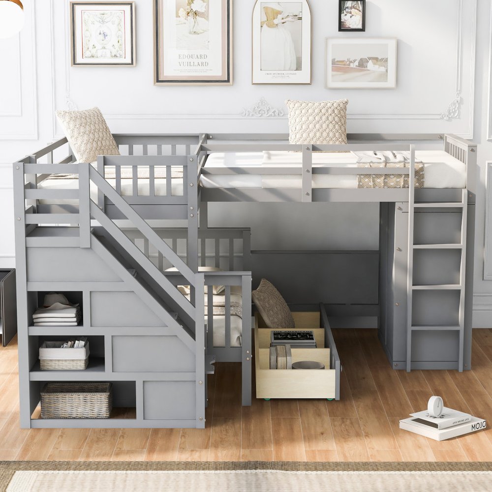 Gray Twin Over Twin Over Full Solid Wood Bunk Bed With Stairs And Desk And Drawers And Storage