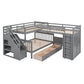 Gray Twin Over Twin Over Full Solid Wood Bunk Bed With Stairs And Desk And Drawers And Storage