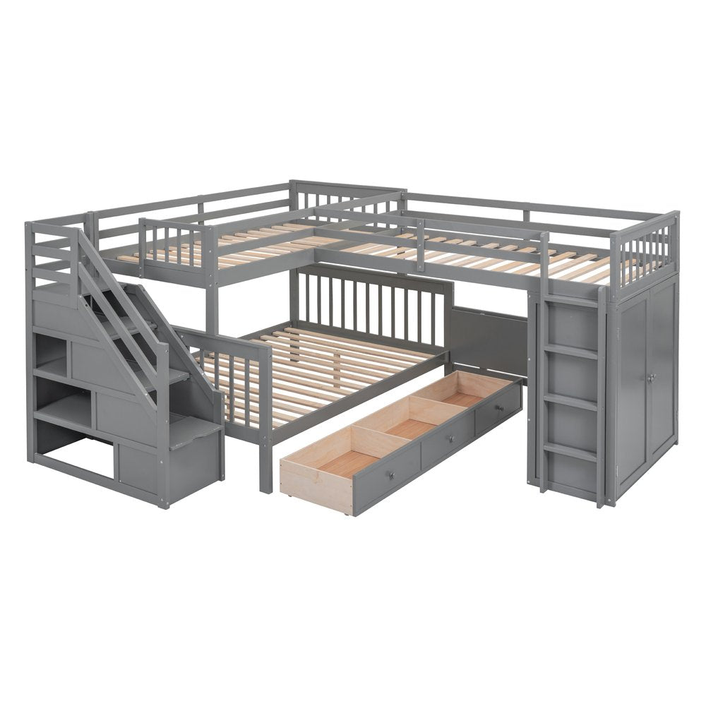 Gray Twin Over Twin Over Full Solid Wood Bunk Bed With Stairs And Desk And Drawers And Storage