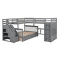 Gray Twin Over Twin Over Full Solid Wood Bunk Bed With Stairs And Desk And Drawers And Storage