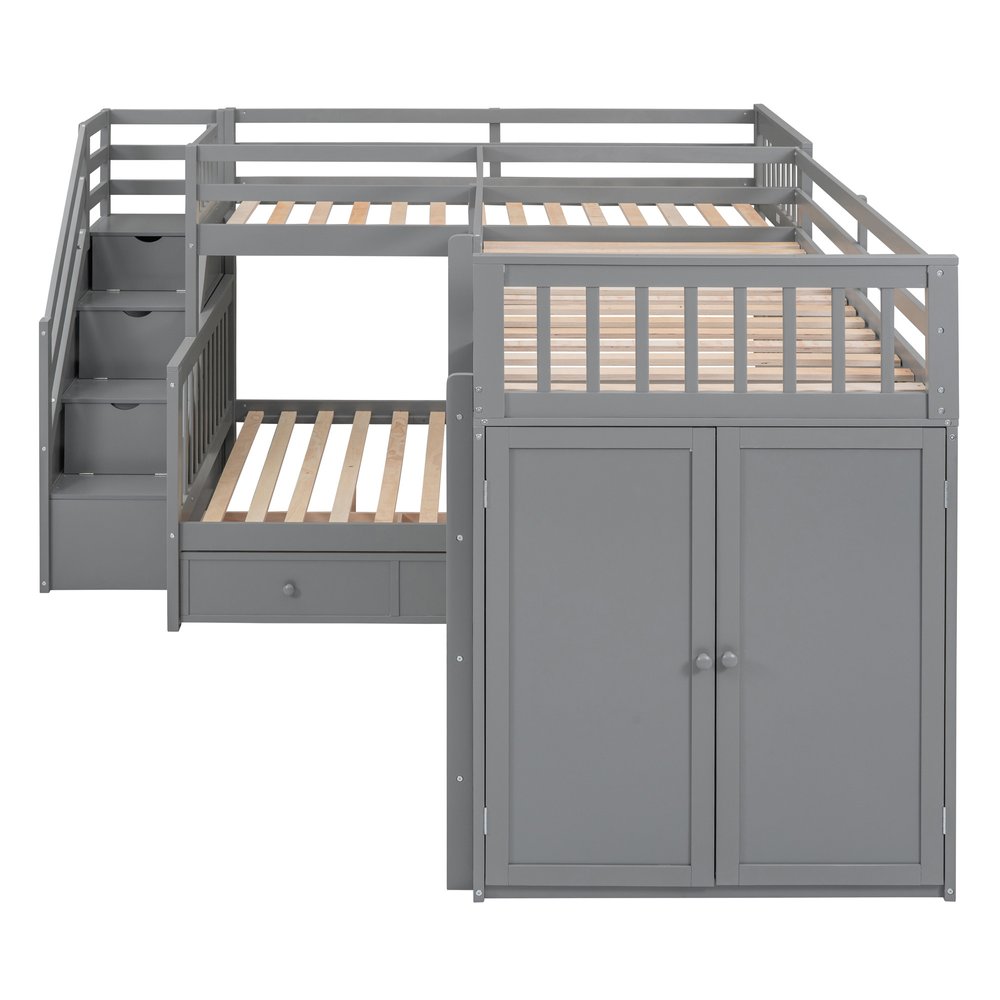 Gray Twin Over Twin Over Full Solid Wood Bunk Bed With Stairs And Desk And Drawers And Storage