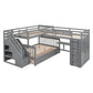 Gray Twin Over Twin Over Full Solid Wood Bunk Bed With Stairs And Desk And Drawers And Storage