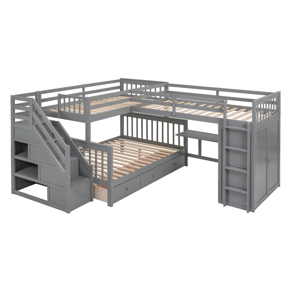 Gray Twin Over Twin Over Full Solid Wood Bunk Bed With Stairs And Desk And Drawers And Storage
