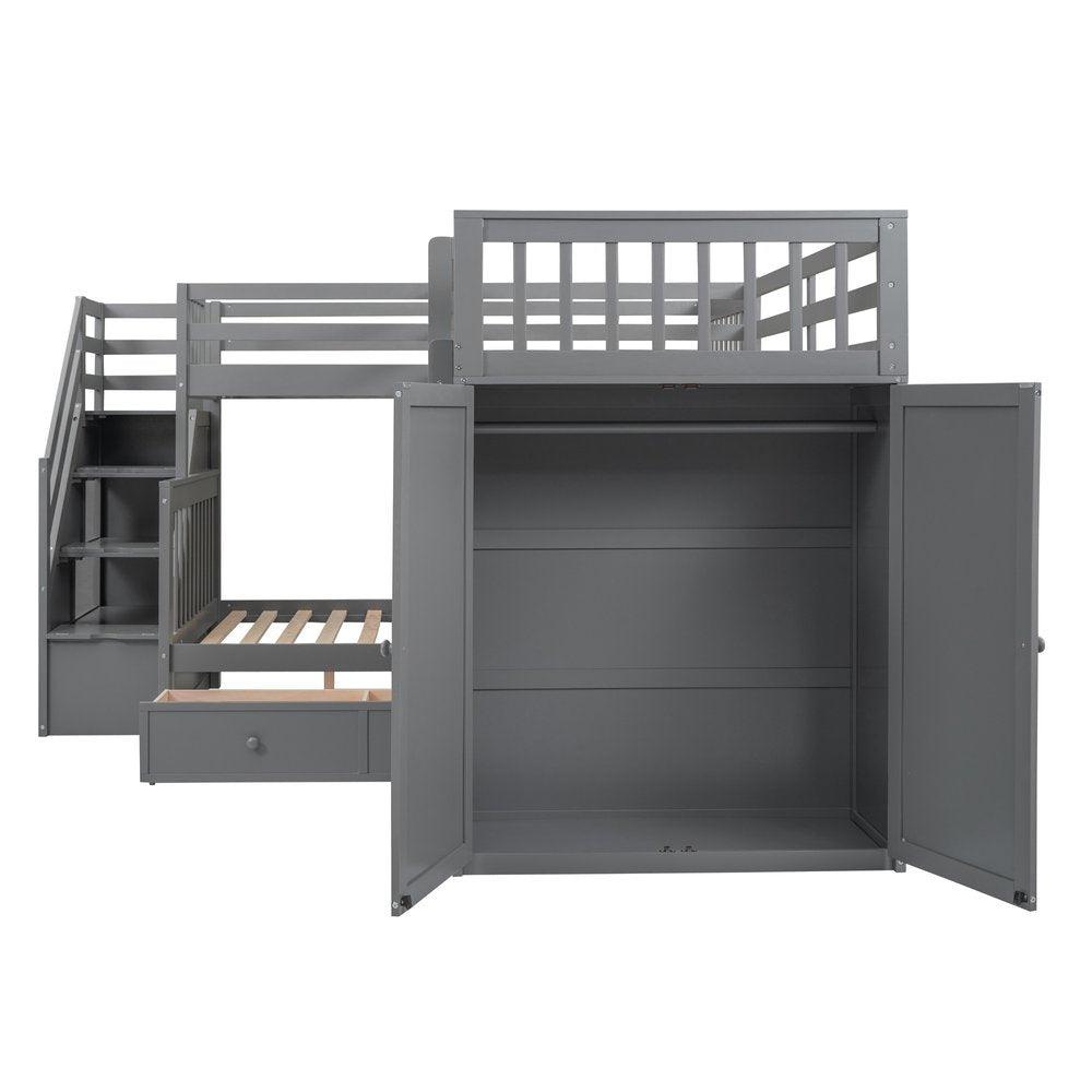 Gray Twin Over Twin Over Full Solid Wood Bunk Bed With Stairs And Desk And Drawers And Storage