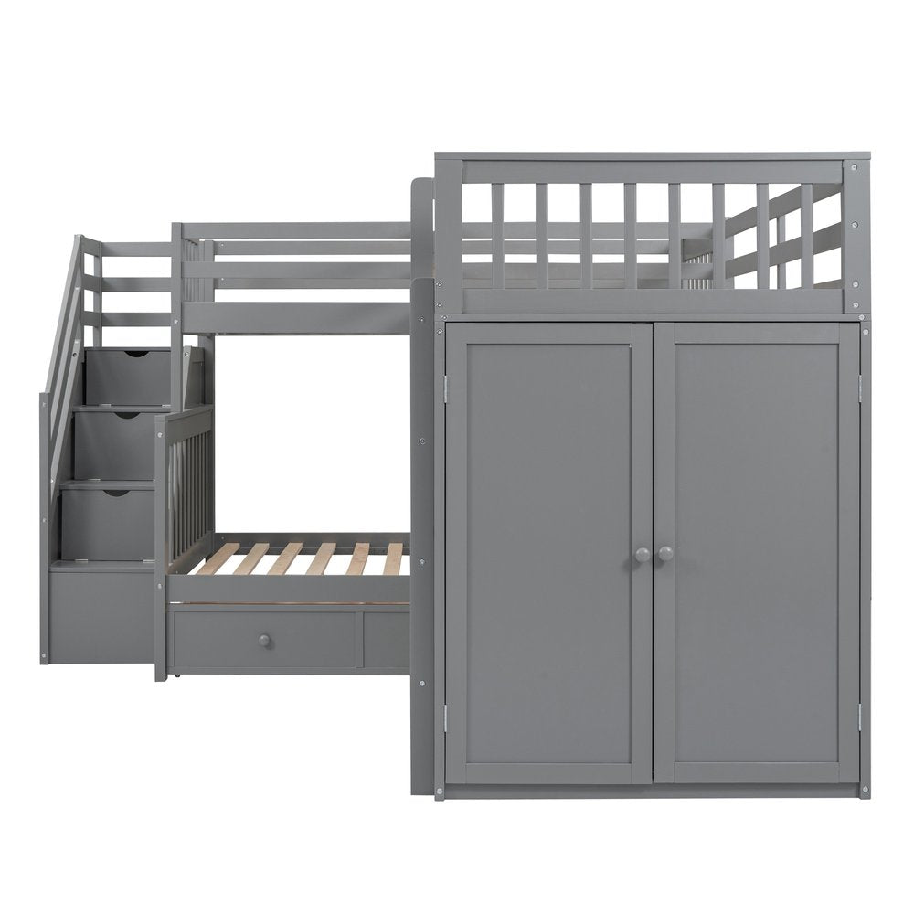Gray Twin Over Twin Over Full Solid Wood Bunk Bed With Stairs And Desk And Drawers And Storage