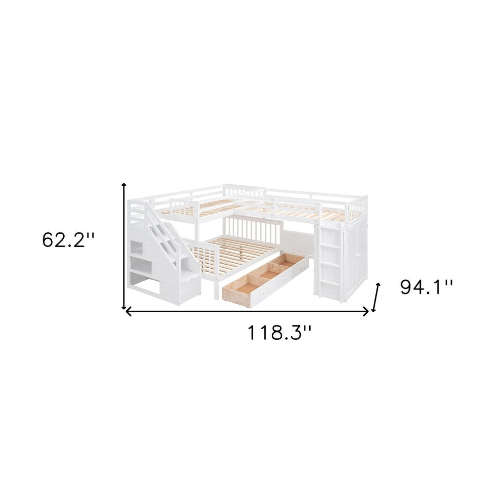 White Twin Over Twin Over Full Solid Wood Bunk Bed With Stairs And Desk And Drawers And Storage