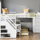 White Twin Over Twin Over Full Solid Wood Bunk Bed With Stairs And Desk And Drawers And Storage