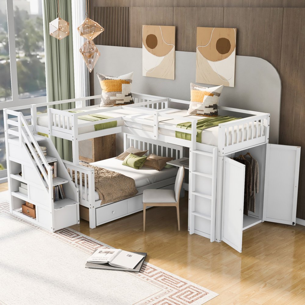 White Twin Over Twin Over Full Solid Wood Bunk Bed With Stairs And Desk And Drawers And Storage