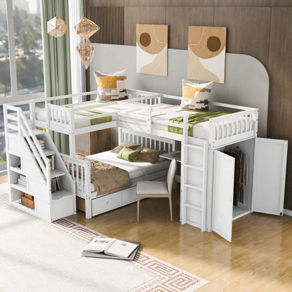 White Twin Over Twin Over Full Solid Wood Bunk Bed With Stairs And Desk And Drawers And Storage