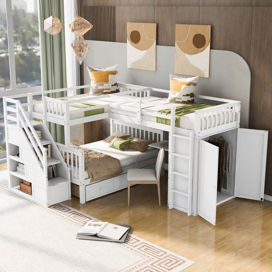 White Twin Over Twin Over Full Solid Wood Bunk Bed With Stairs And Desk And Drawers And Storage