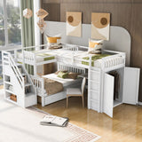 White Twin Over Twin Over Full Solid Wood Bunk Bed With Stairs And Desk And Drawers And Storage