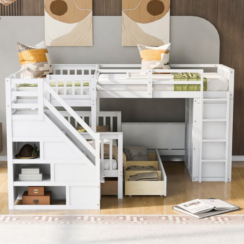 White Twin Over Twin Over Full Solid Wood Bunk Bed With Stairs And Desk And Drawers And Storage