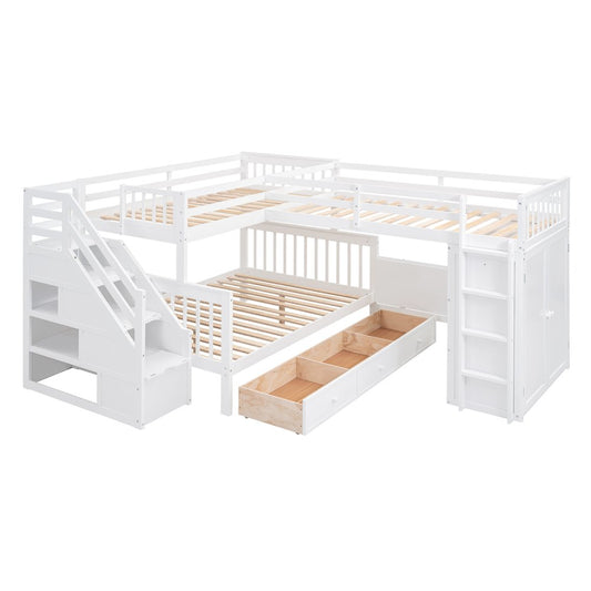 White Twin Over Twin Over Full Solid Wood Bunk Bed With Stairs And Desk And Drawers And Storage