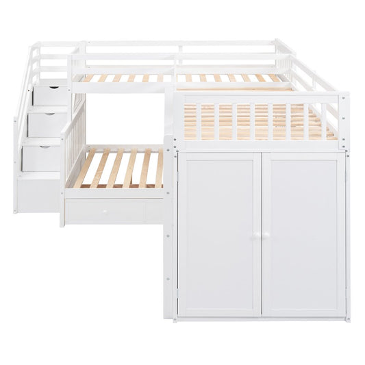 White Twin Over Twin Over Full Solid Wood Bunk Bed With Stairs And Desk And Drawers And Storage
