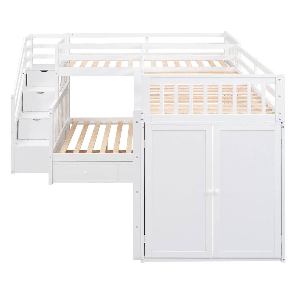 White Twin Over Twin Over Full Solid Wood Bunk Bed With Stairs And Desk And Drawers And Storage
