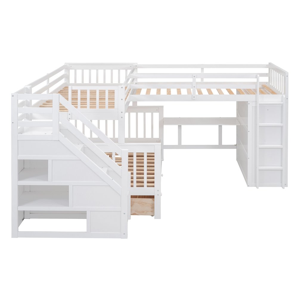 White Twin Over Twin Over Full Solid Wood Bunk Bed With Stairs And Desk And Drawers And Storage