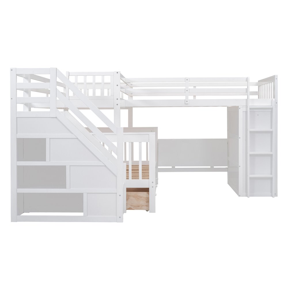 White Twin Over Twin Over Full Solid Wood Bunk Bed With Stairs And Desk And Drawers And Storage