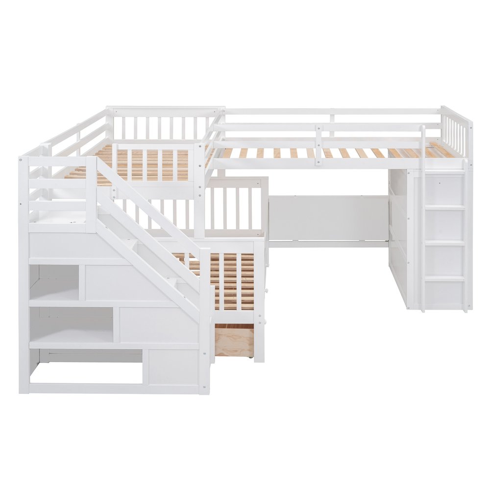 White Twin Over Twin Over Full Solid Wood Bunk Bed With Stairs And Desk And Drawers And Storage