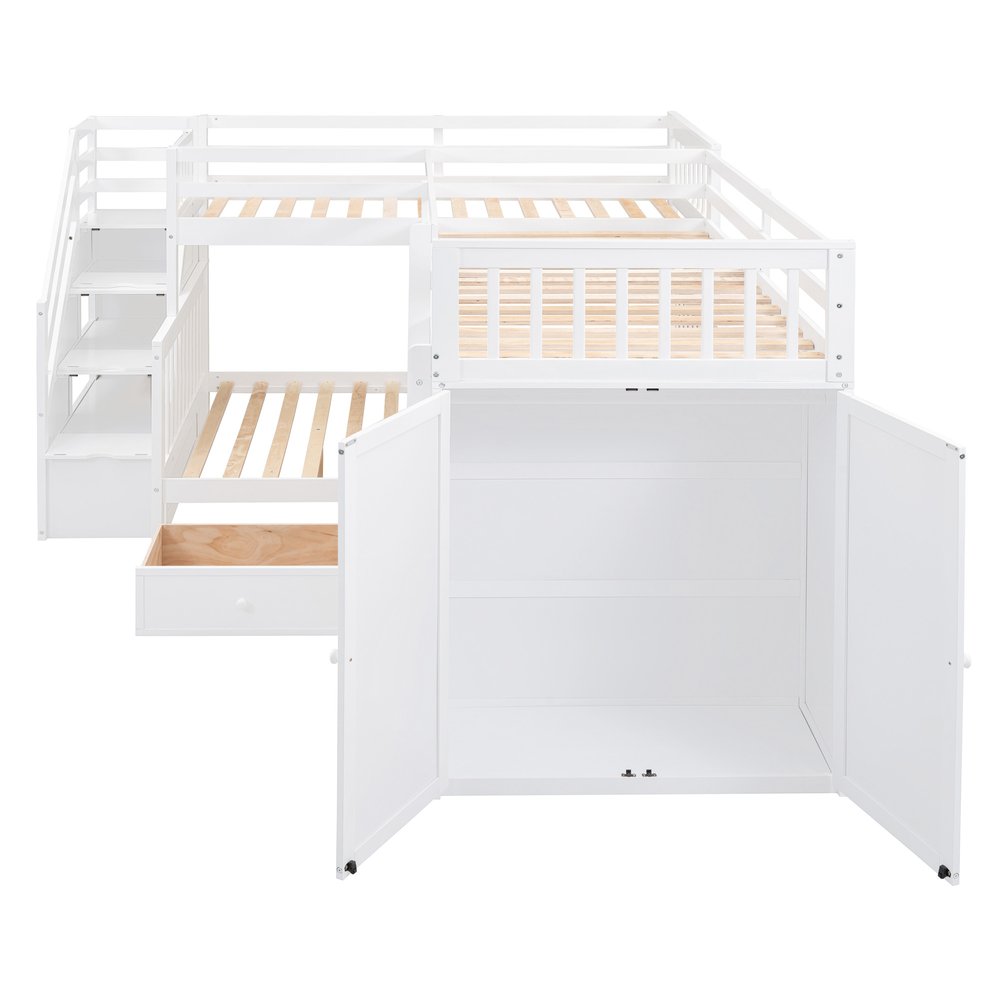 White Twin Over Twin Over Full Solid Wood Bunk Bed With Stairs And Desk And Drawers And Storage