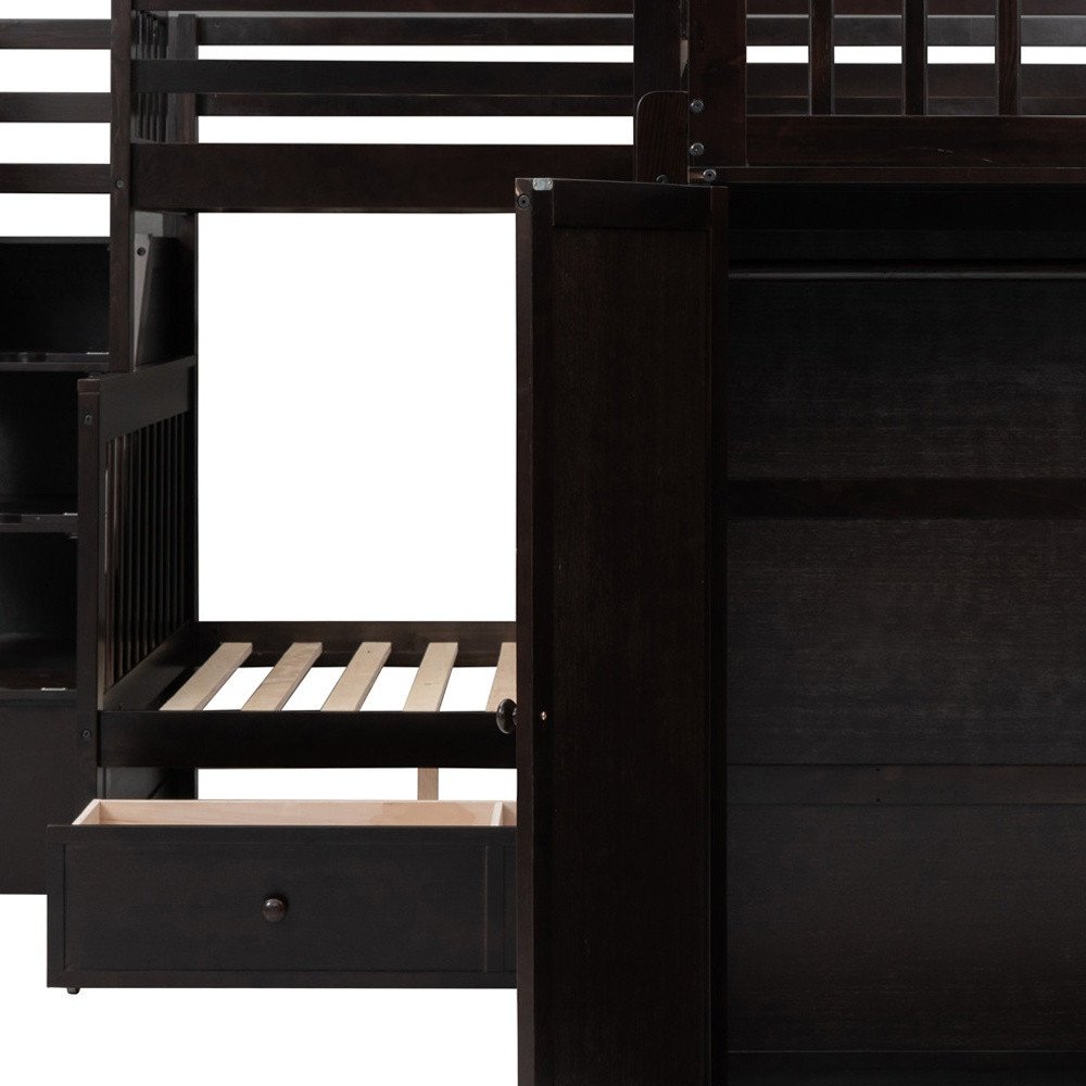 Espresso Twin Over Twin Over Full Solid Wood Bunk Bed With Stairs And Desk And Storage