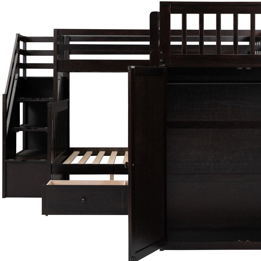 Espresso Twin Over Twin Over Full Solid Wood Bunk Bed With Stairs And Desk And Storage