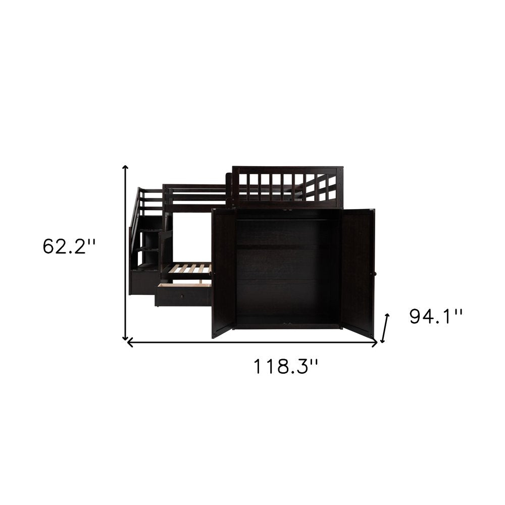 Espresso Twin Over Twin Over Full Solid Wood Bunk Bed With Stairs And Desk And Storage