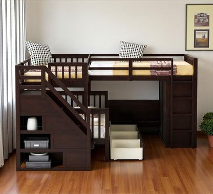 Espresso Twin Over Twin Over Full Solid Wood Bunk Bed With Stairs And Desk And Storage